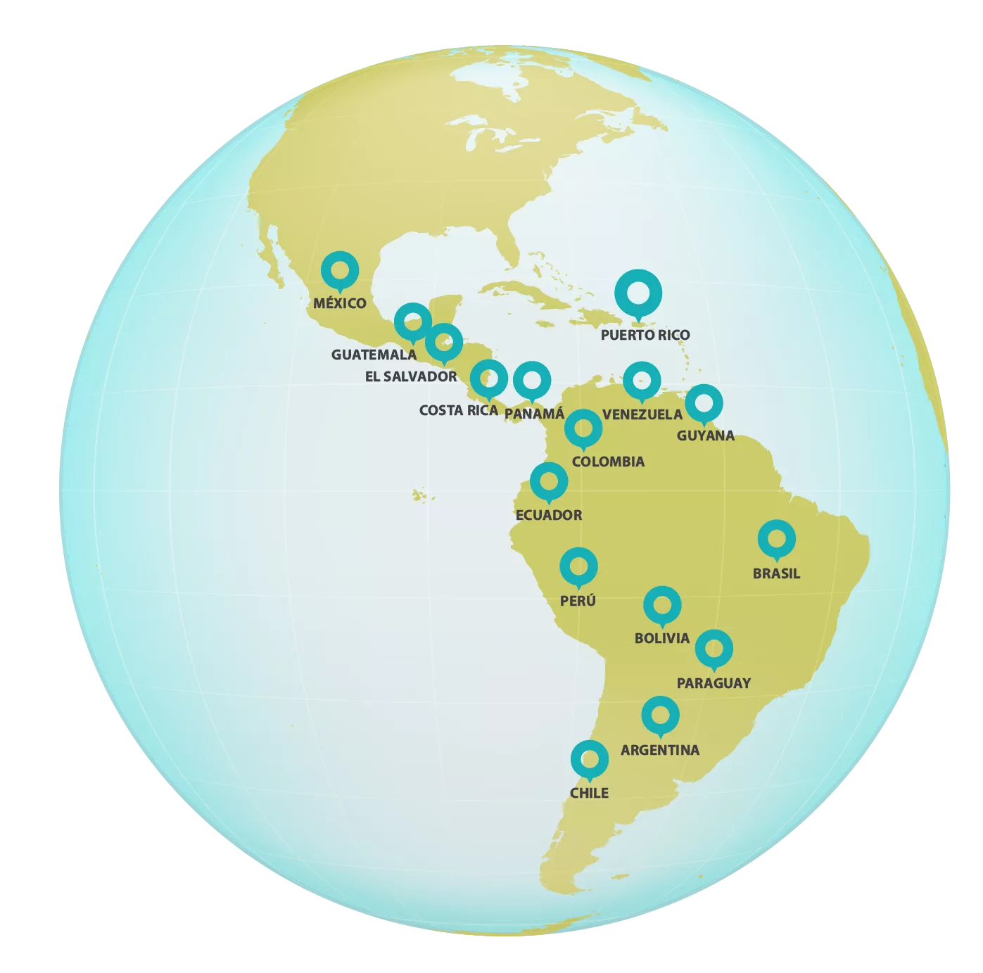 Mapa america latina con pins plataforma de litigio climatico